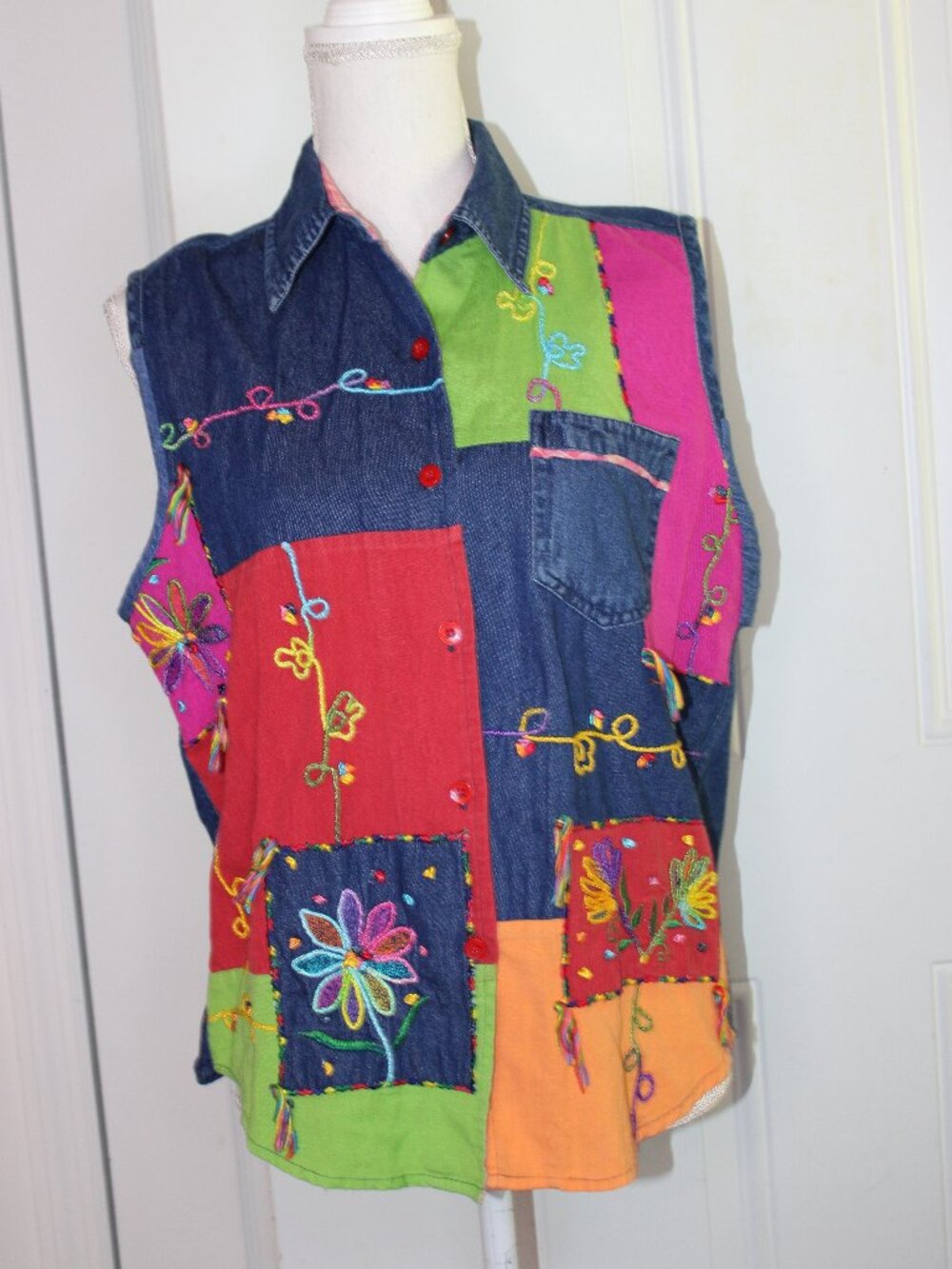 New Direction Size Large Patchwork Embroidered Denim Shirt Women's VINTAGE
